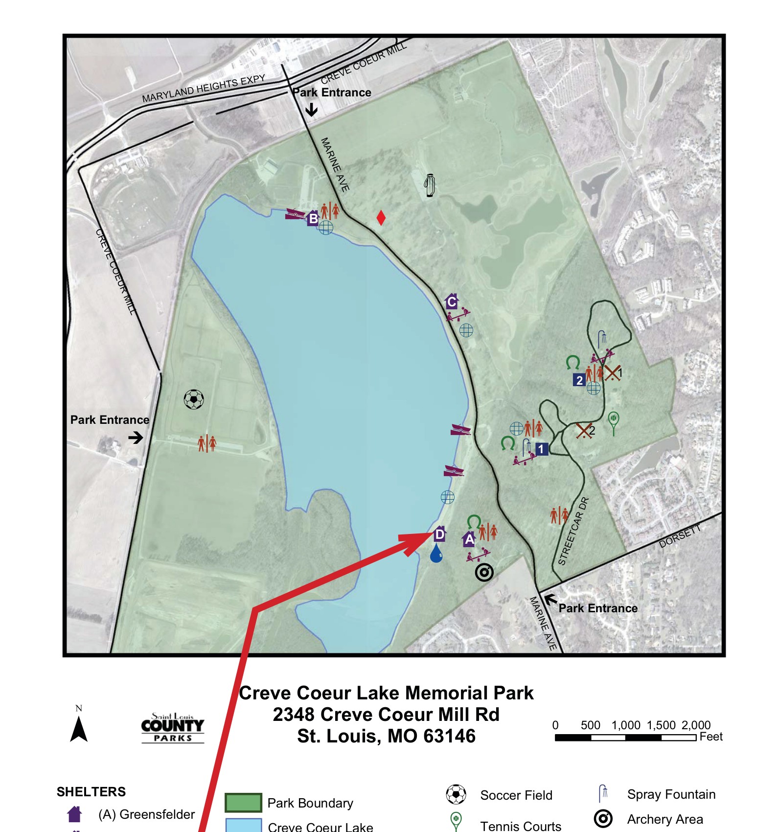 Map of Creve Coeur Lake Memorial Park showing the Taco Bell Shelter (D) location and park entrances